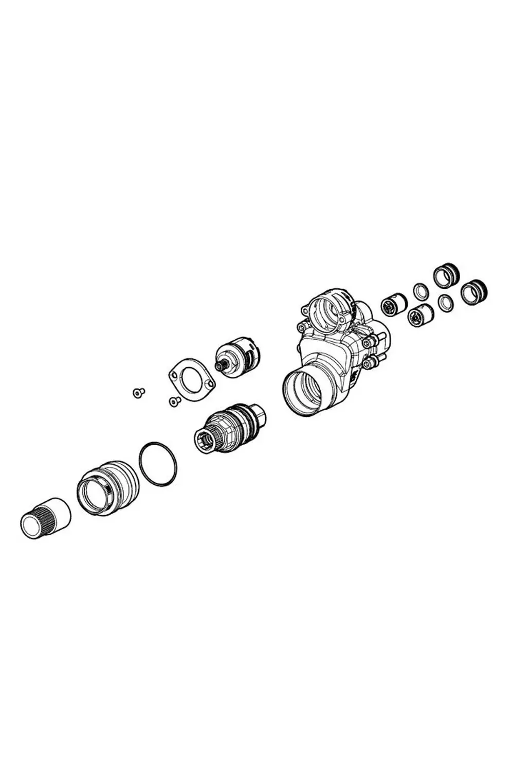 Explosionszeichnung einer Funktionseinheit von HANSA, bestehend aus verschiedenen Komponenten wie O-Ringen, Dichtungen und Gehäuseteilen, in schematischer Darstellung.